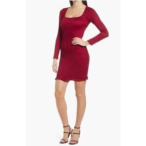 Row A Women's Fully‎ Smocked Long Sleeve Mini Dress in Deep Red Medium MSRP $39